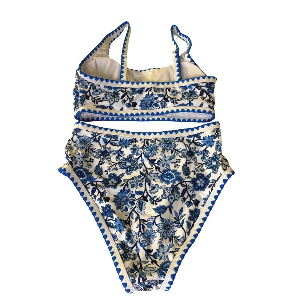 Blue White Floral Chintz Ric Rac High Waisted Bikini‎ Swimsuit Size Smal New